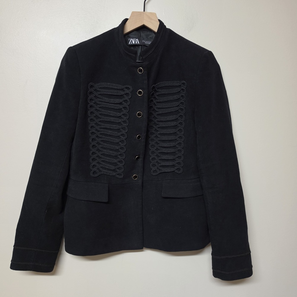 Zara Women M Black Military Band Jacket Braided Trim Gold Buttons Peplum Blazer